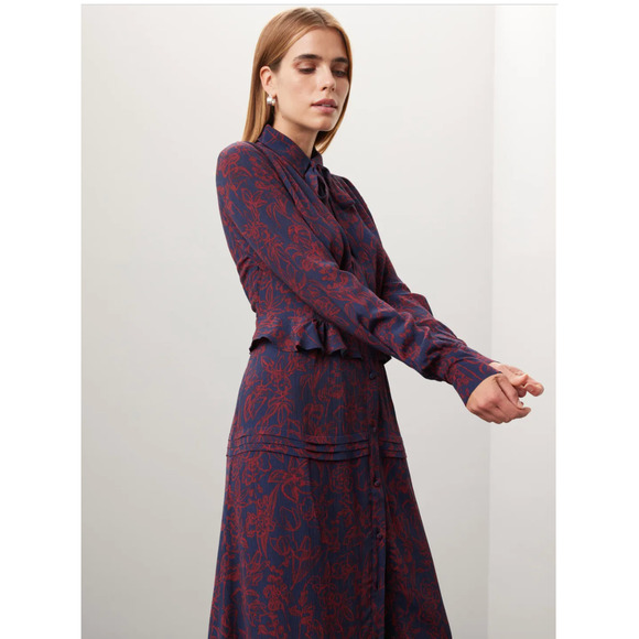 Jason Wu Dress Womens 6 Blue Red Floral Chiffon Shirt Collared Midi Tie Neck - Picture 5 of 12
